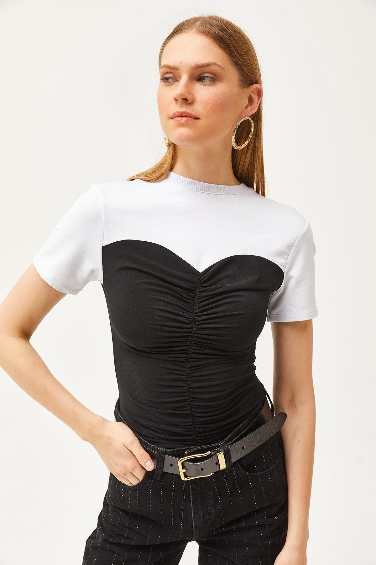 Likralı Drape Detaylı Likralı Bluz Siyah Beyaz