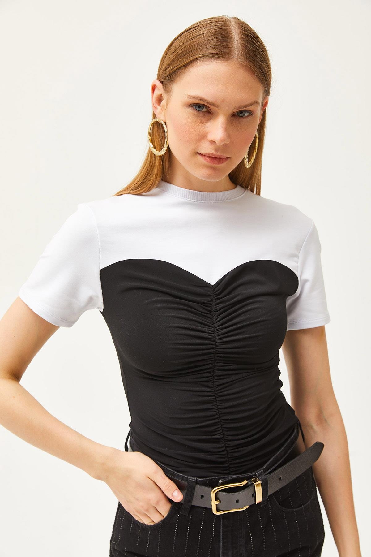 Likralı Drape Detaylı Likralı Bluz Siyah Beyaz