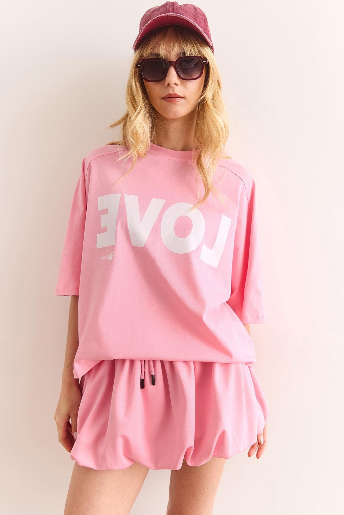 Love Baskılı Balon Etekli Pamuk Takım Pembe