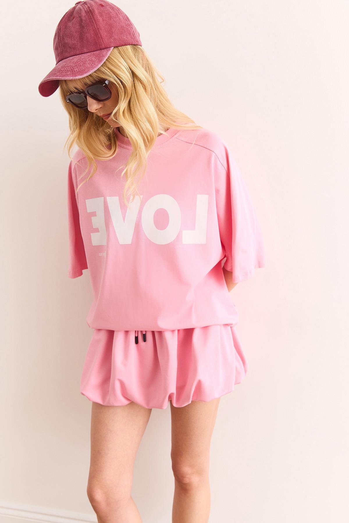 Love Baskılı Balon Etekli Pamuk Takım Pembe