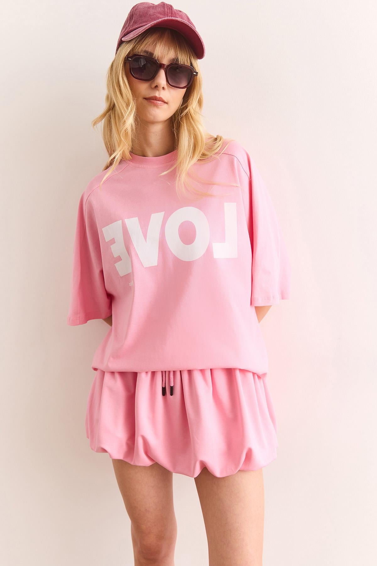 Love Baskılı Balon Etekli Pamuk Takım Pembe
