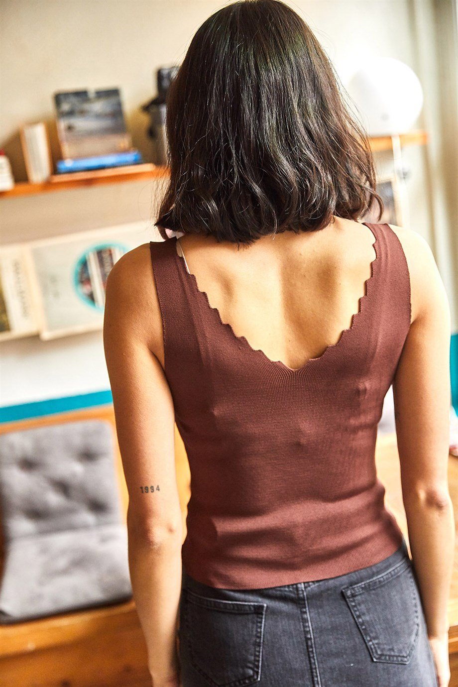 Merdiven Yaka Crop Triko Bluz Acı Kahve