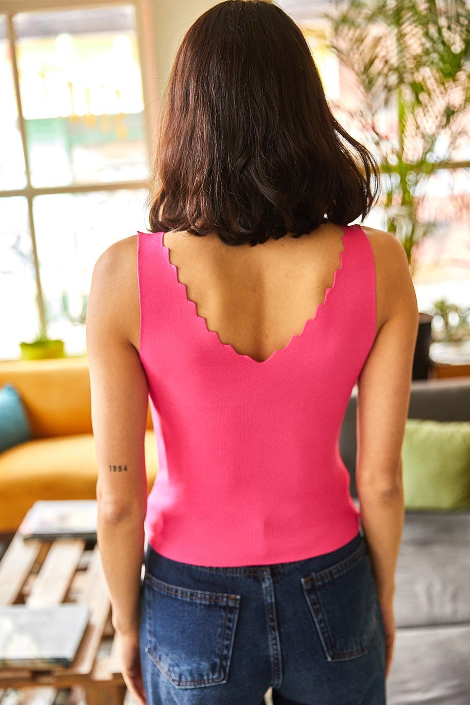 Merdiven Yaka Crop Triko Bluz Fuşya