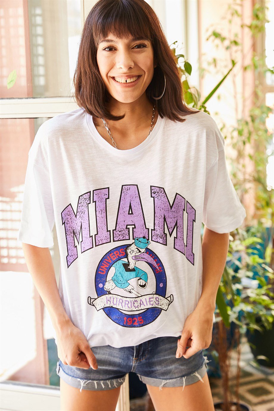 Miami Baskılı Tişört Ekru
