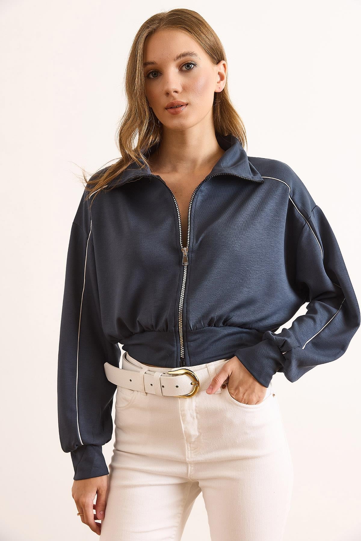 Modal Biye Detaylı Dökümlü Fermuarlı Sweatshirt Antrasit