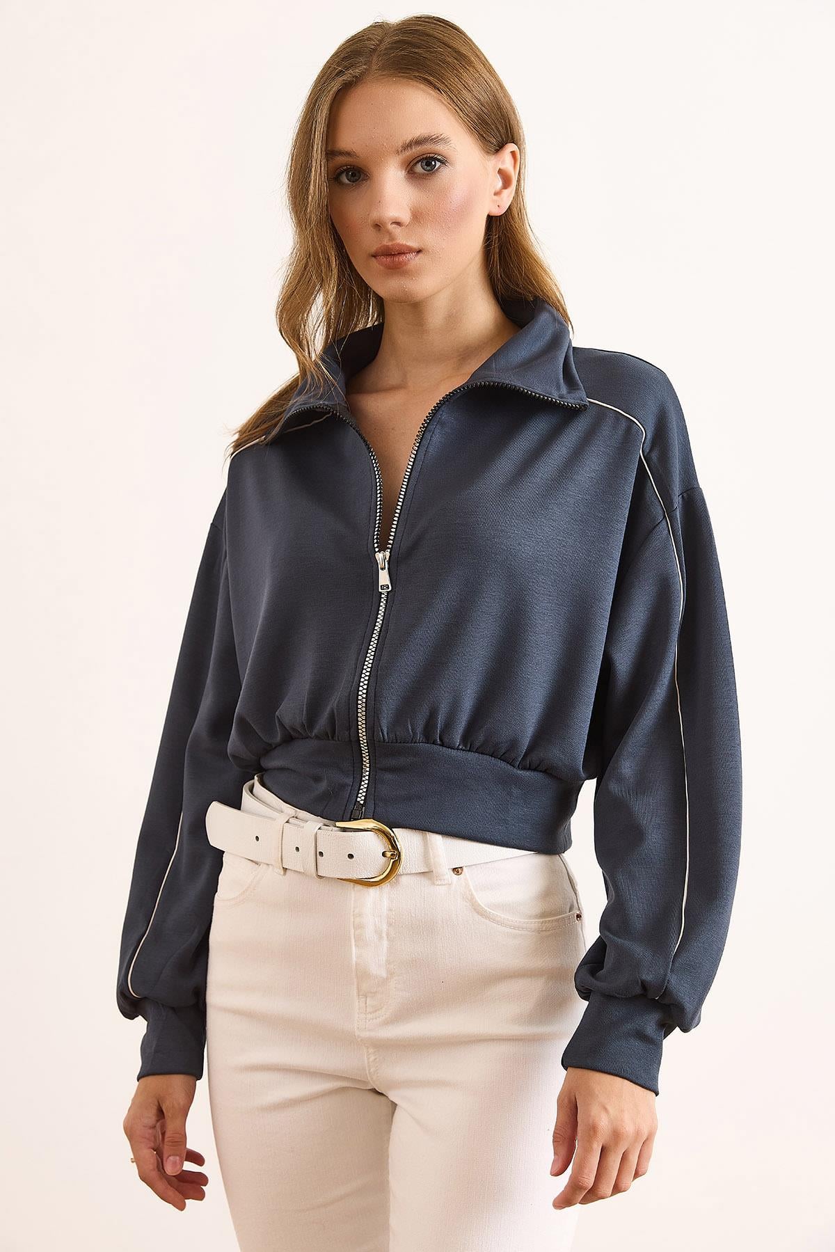 Modal Biye Detaylı Dökümlü Fermuarlı Sweatshirt Antrasit