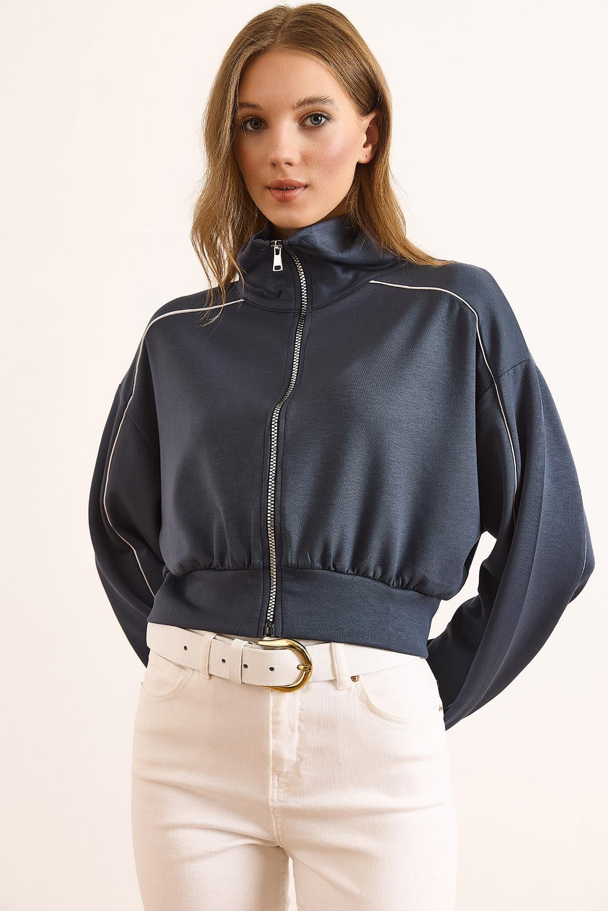 Modal Biye Detaylı Dökümlü Fermuarlı Sweatshirt Antrasit