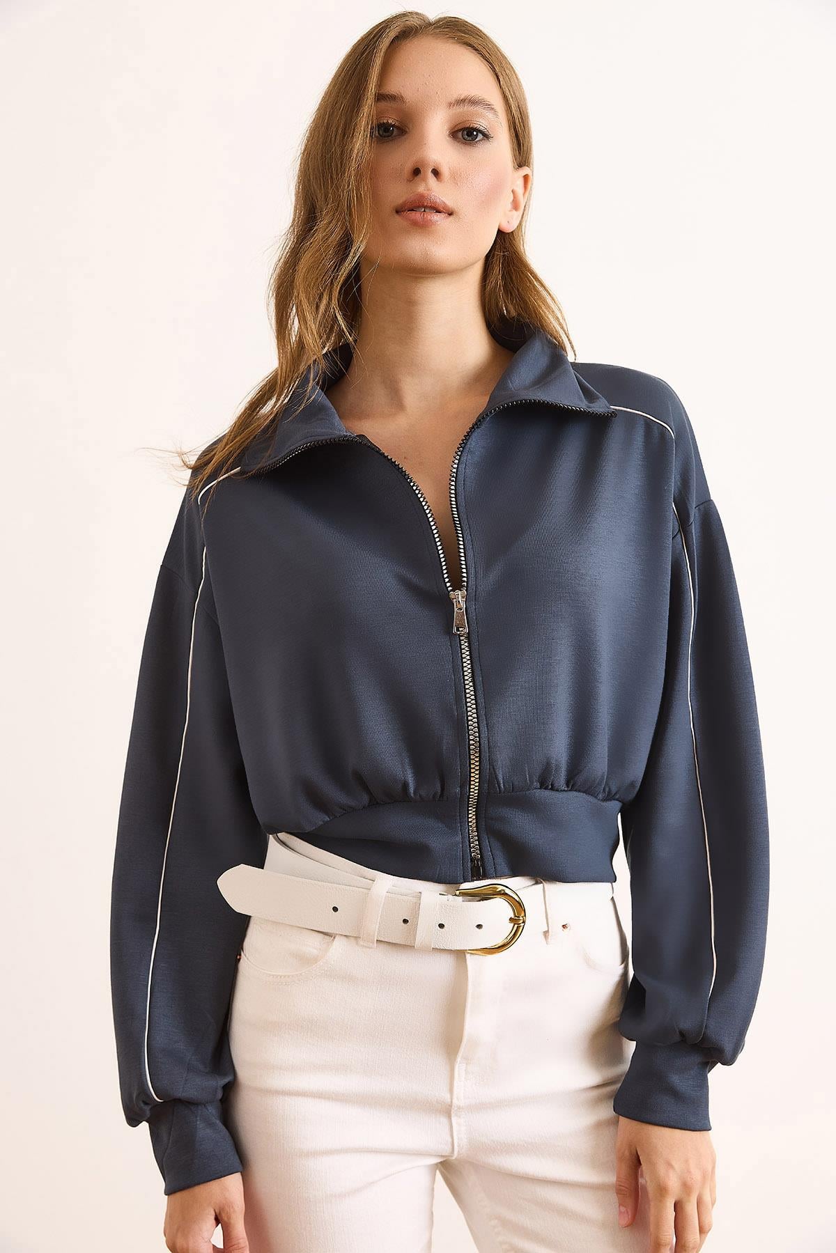 Modal Biye Detaylı Dökümlü Fermuarlı Sweatshirt Antrasit