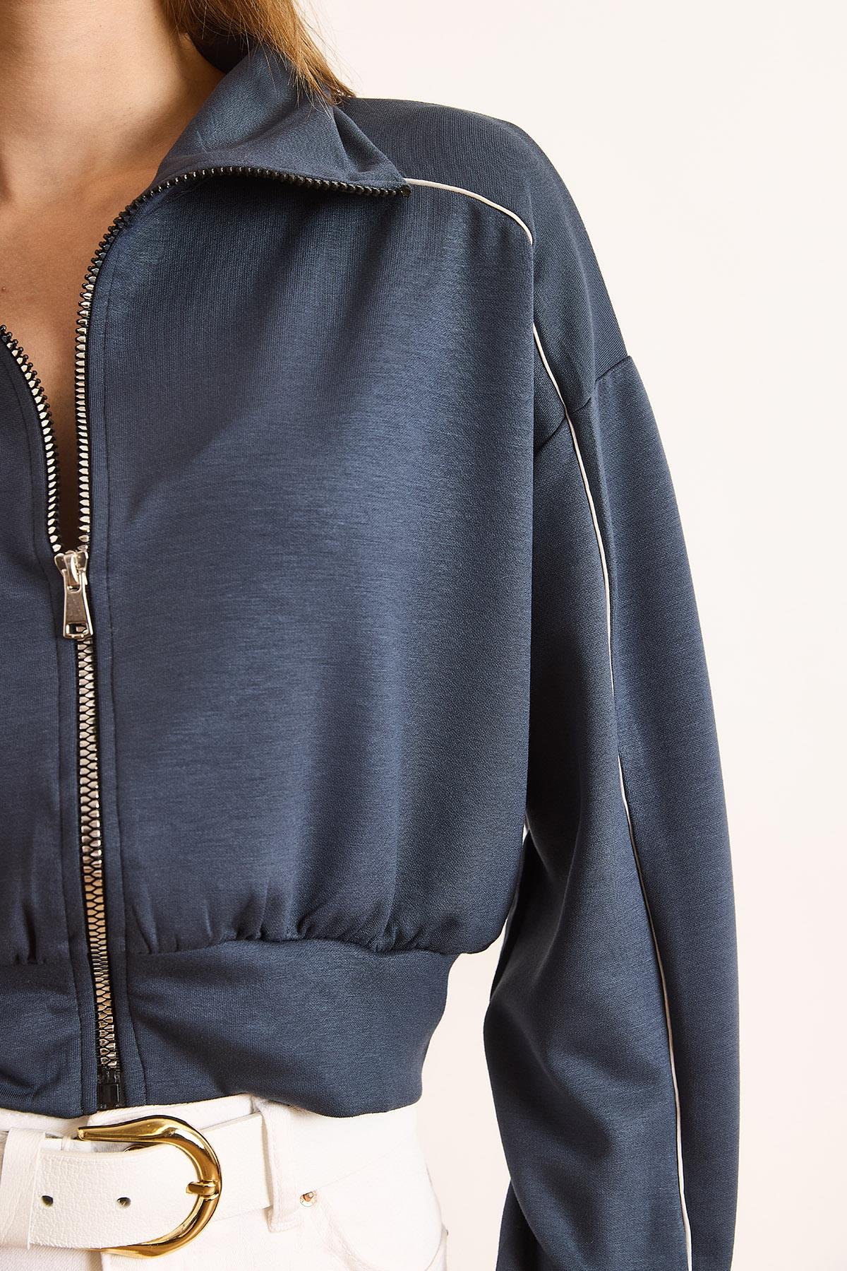 Modal Biye Detaylı Dökümlü Fermuarlı Sweatshirt Antrasit