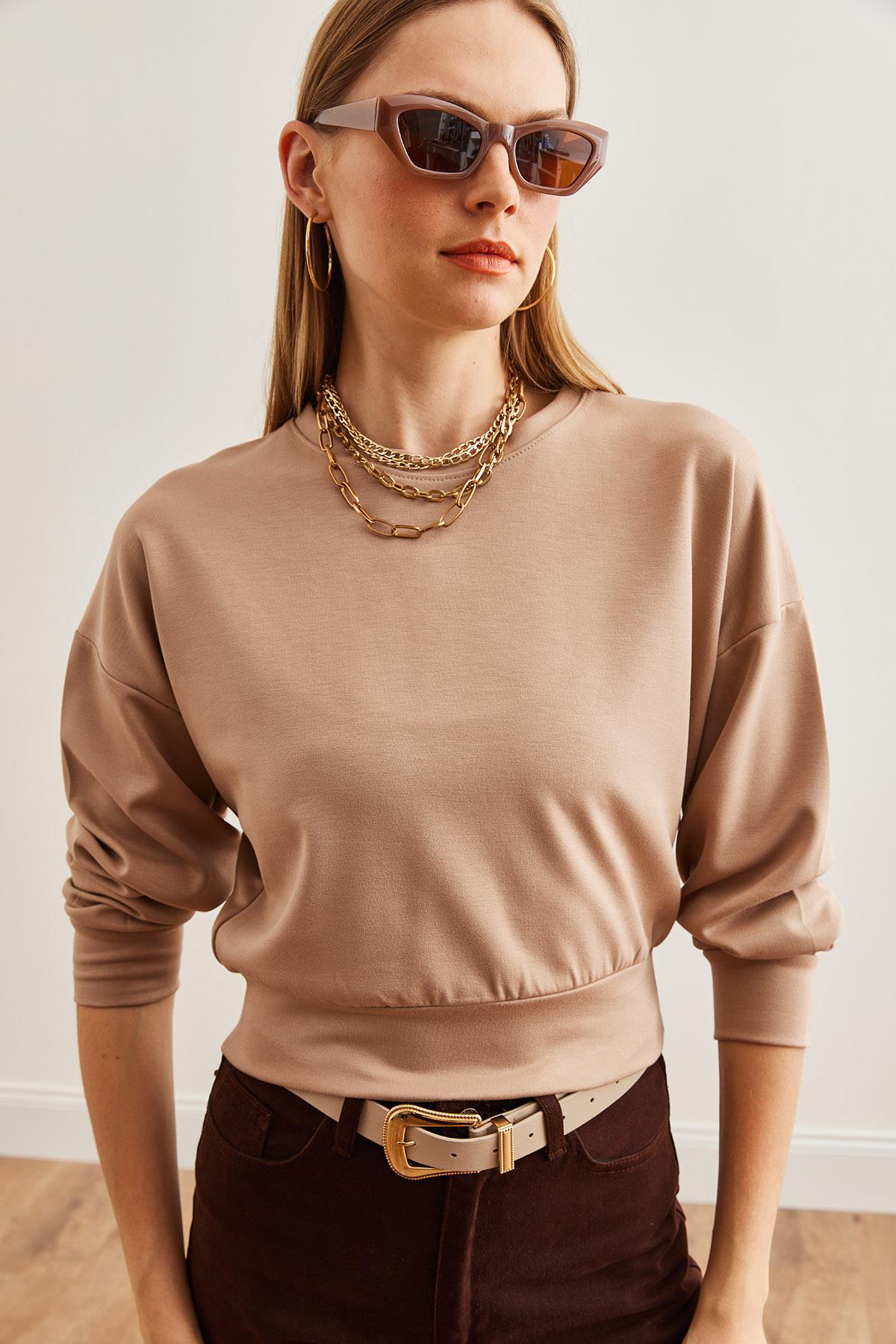 Modal Tuşeli Crop Sweatshirt Bej