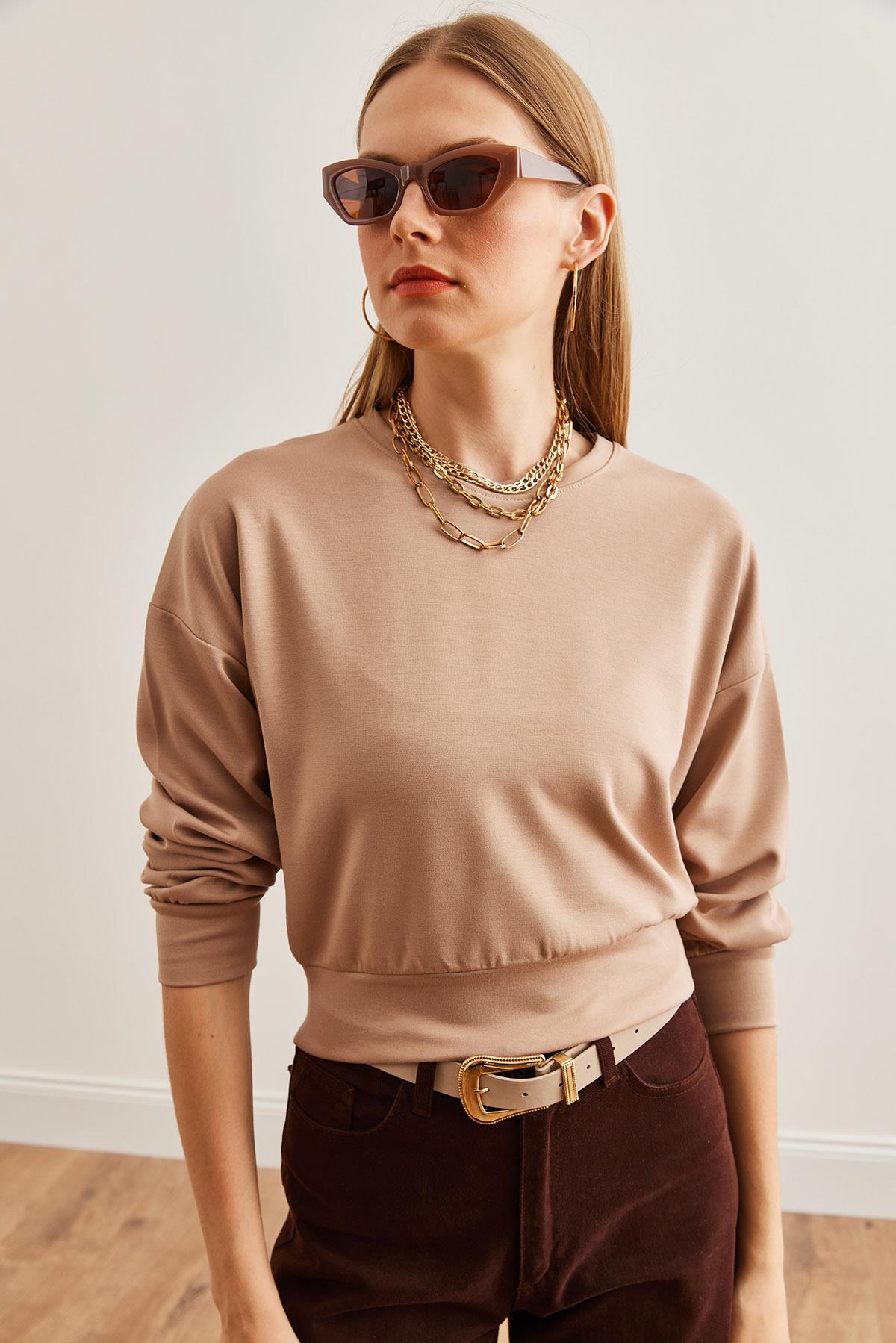 Modal Tuşeli Crop Sweatshirt Bej