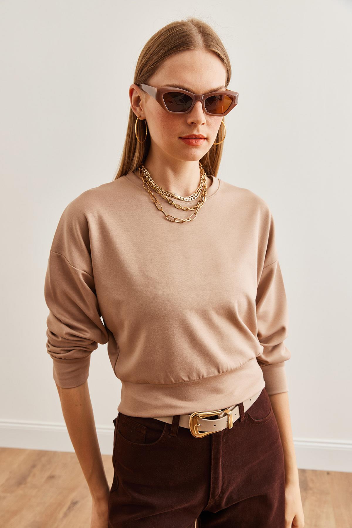 Modal Tuşeli Crop Sweatshirt Bej