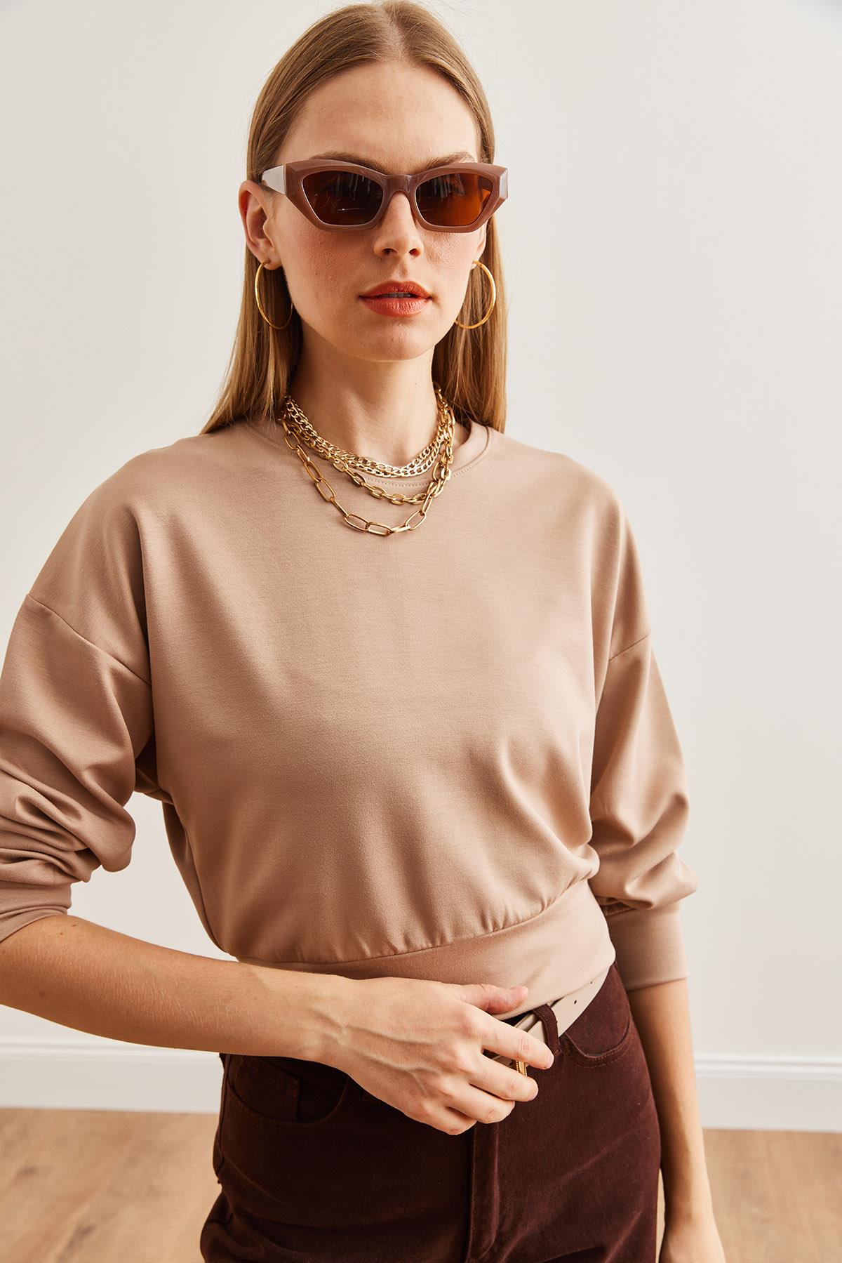 Modal Tuşeli Crop Sweatshirt Bej