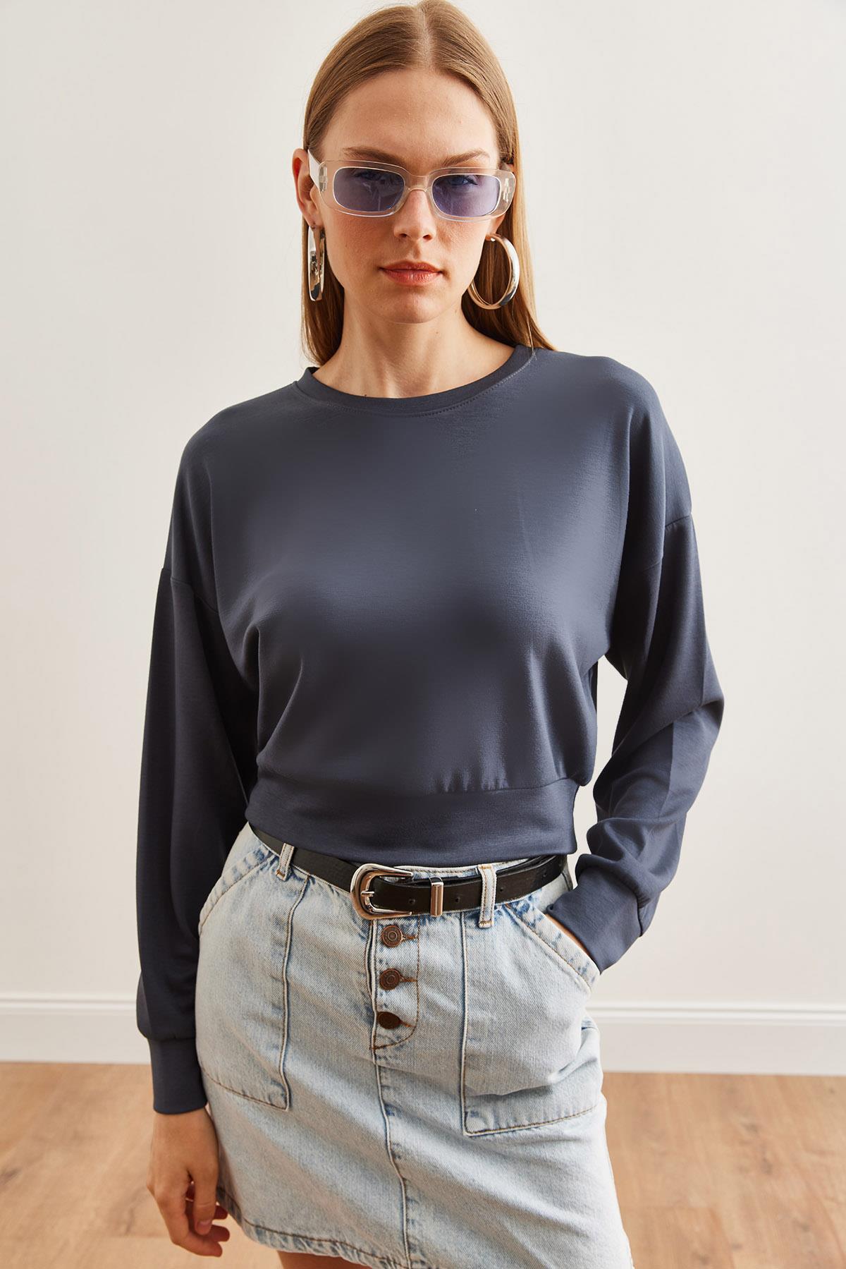 Modal Tuşeli Crop Sweatshirt Füme