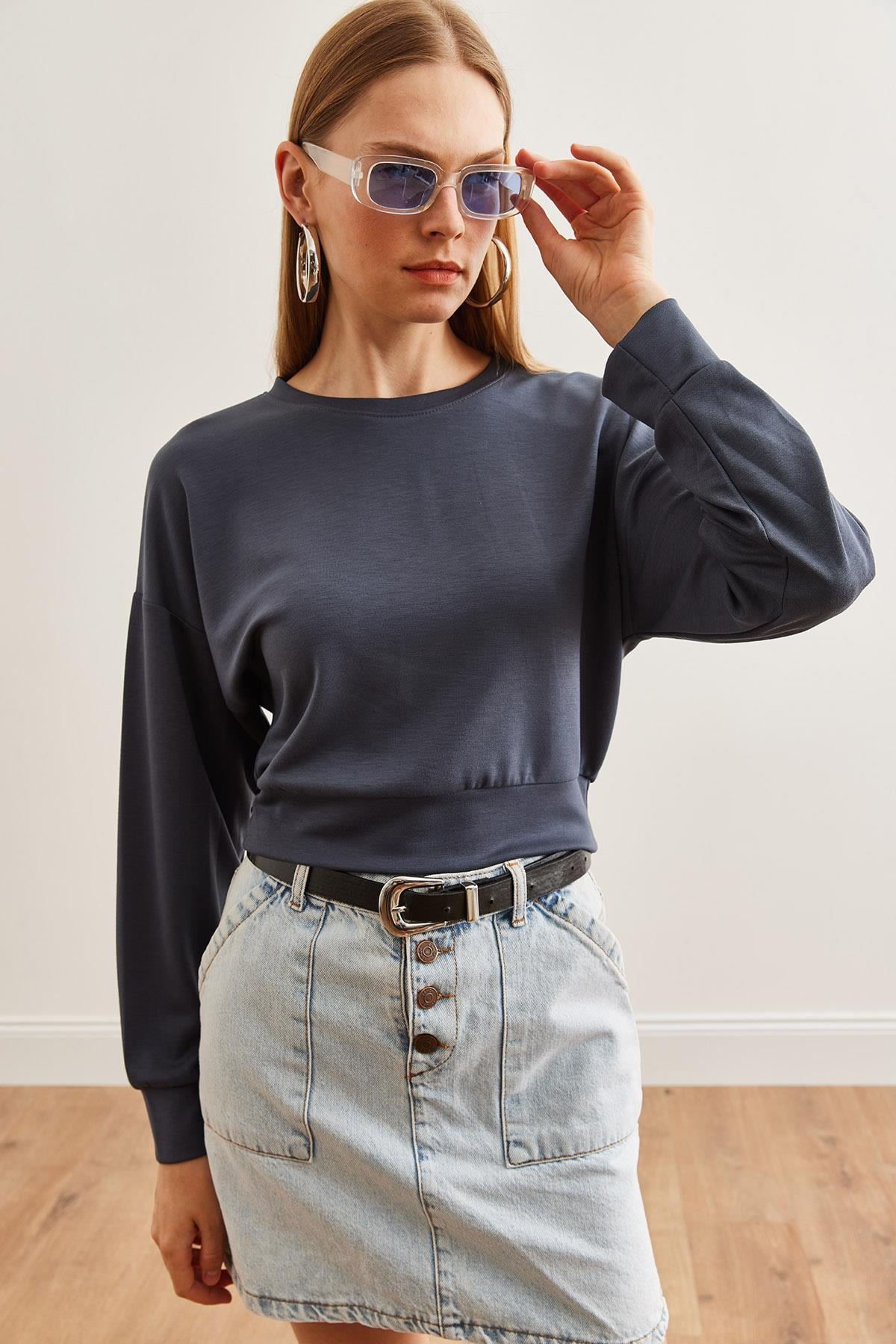 Modal Tuşeli Crop Sweatshirt Füme