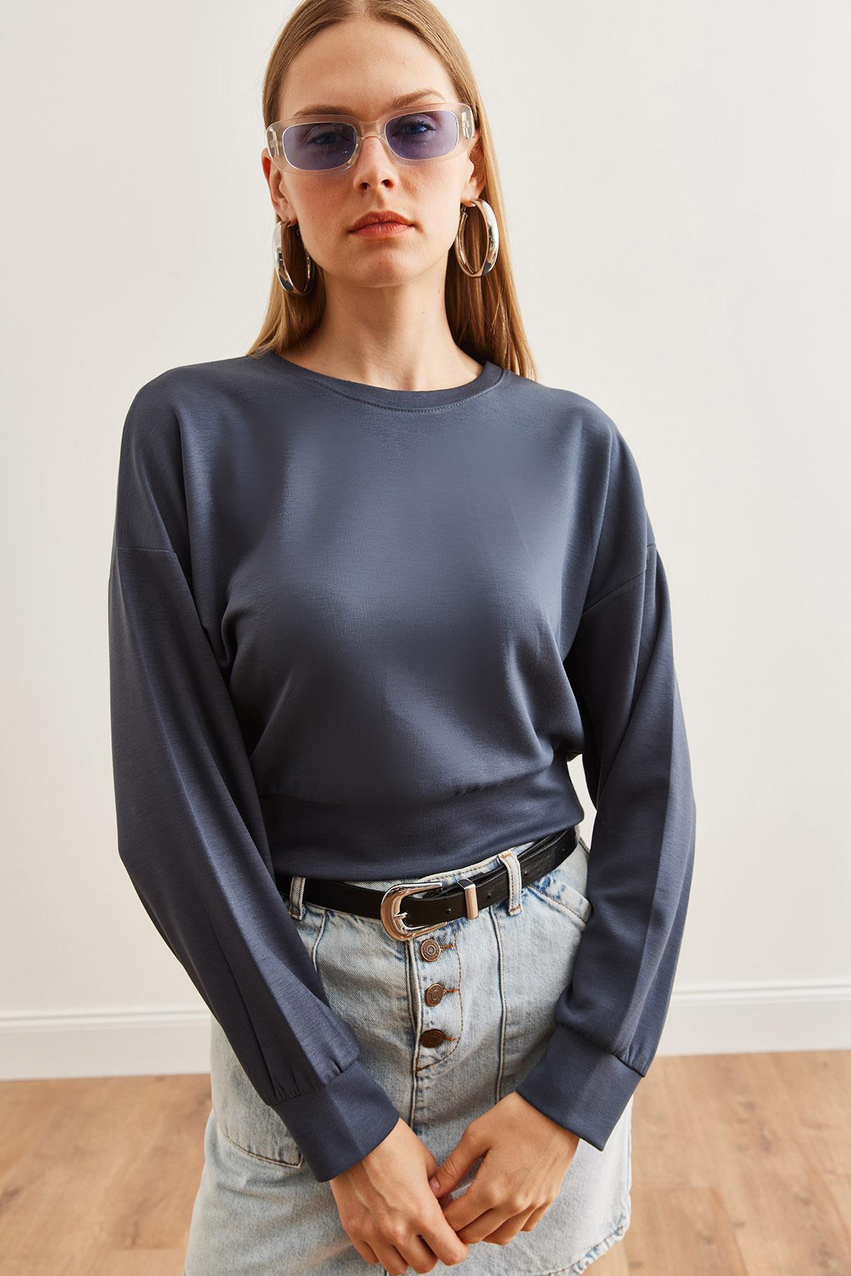 Modal Tuşeli Crop Sweatshirt Füme