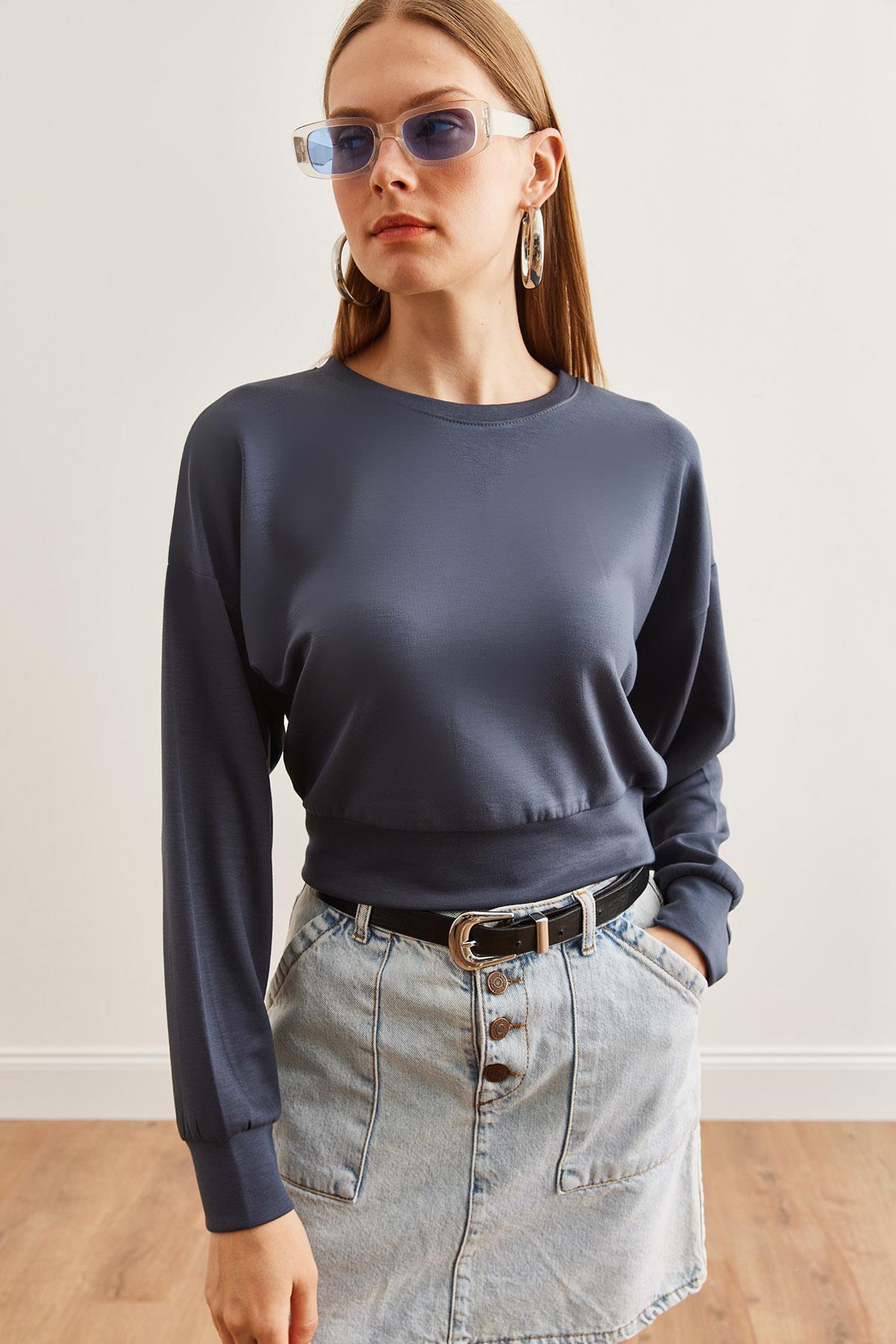 Modal Tuşeli Crop Sweatshirt Füme
