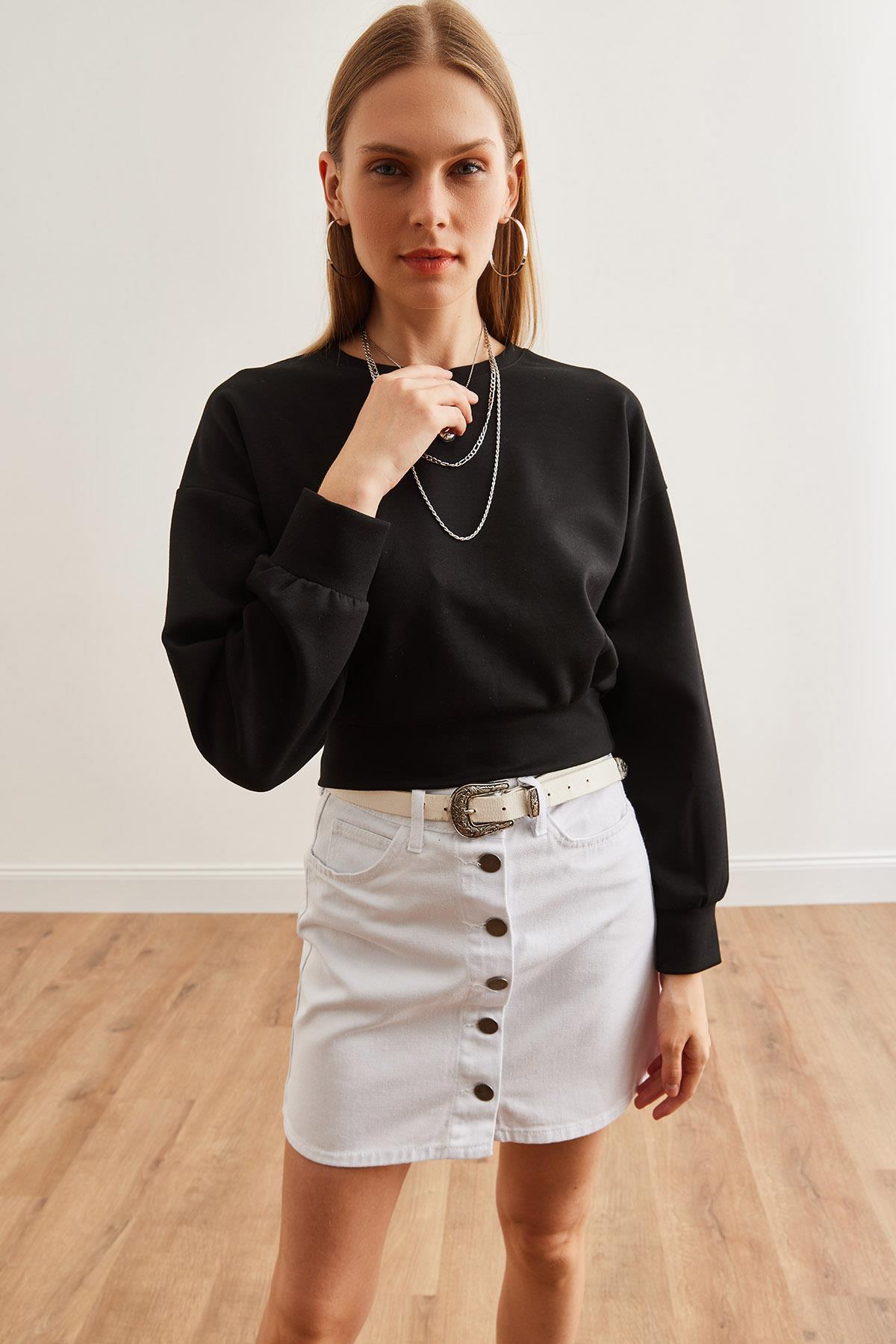 Modal Tuşeli Crop Sweatshirt Siyah