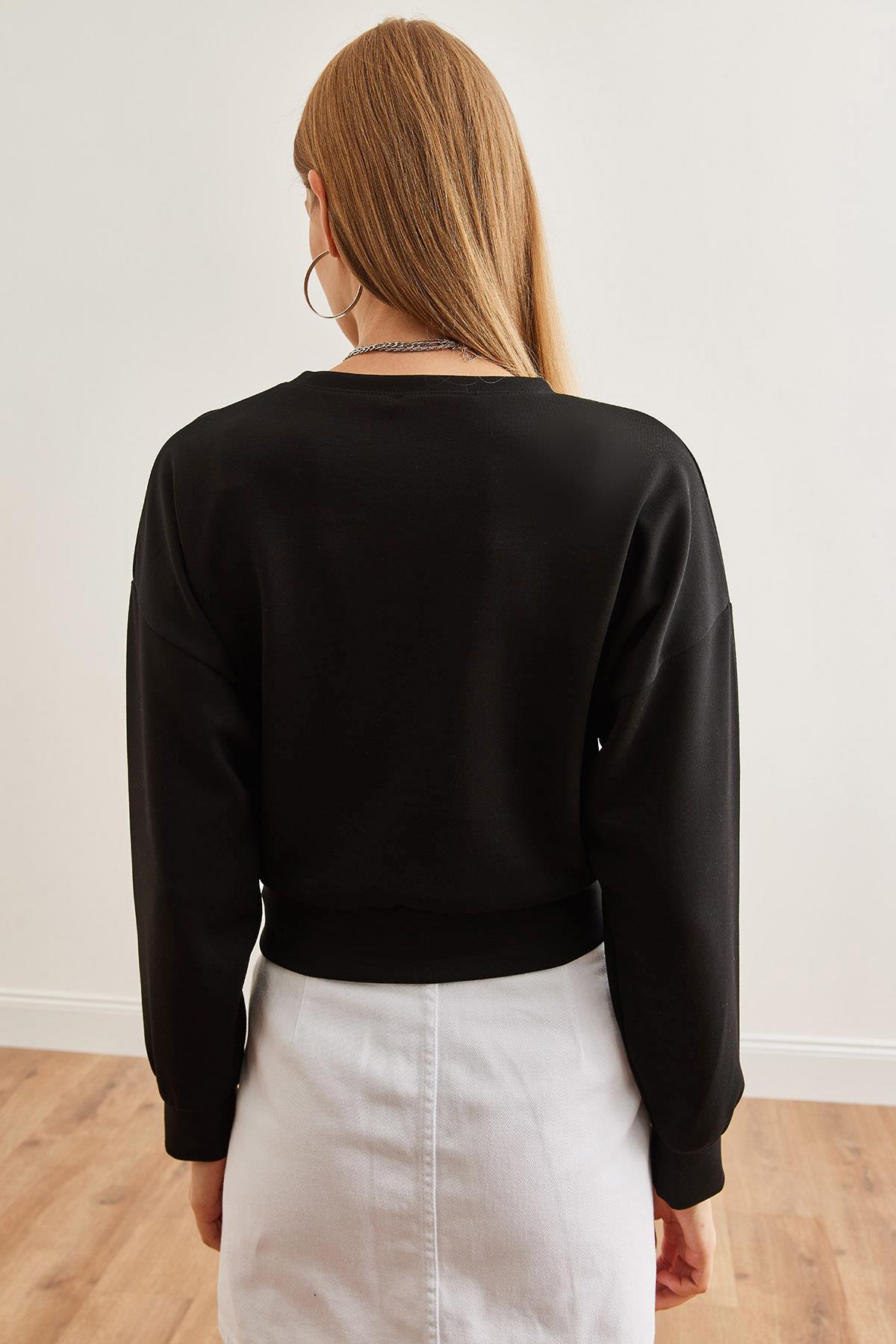 Modal Tuşeli Crop Sweatshirt Siyah