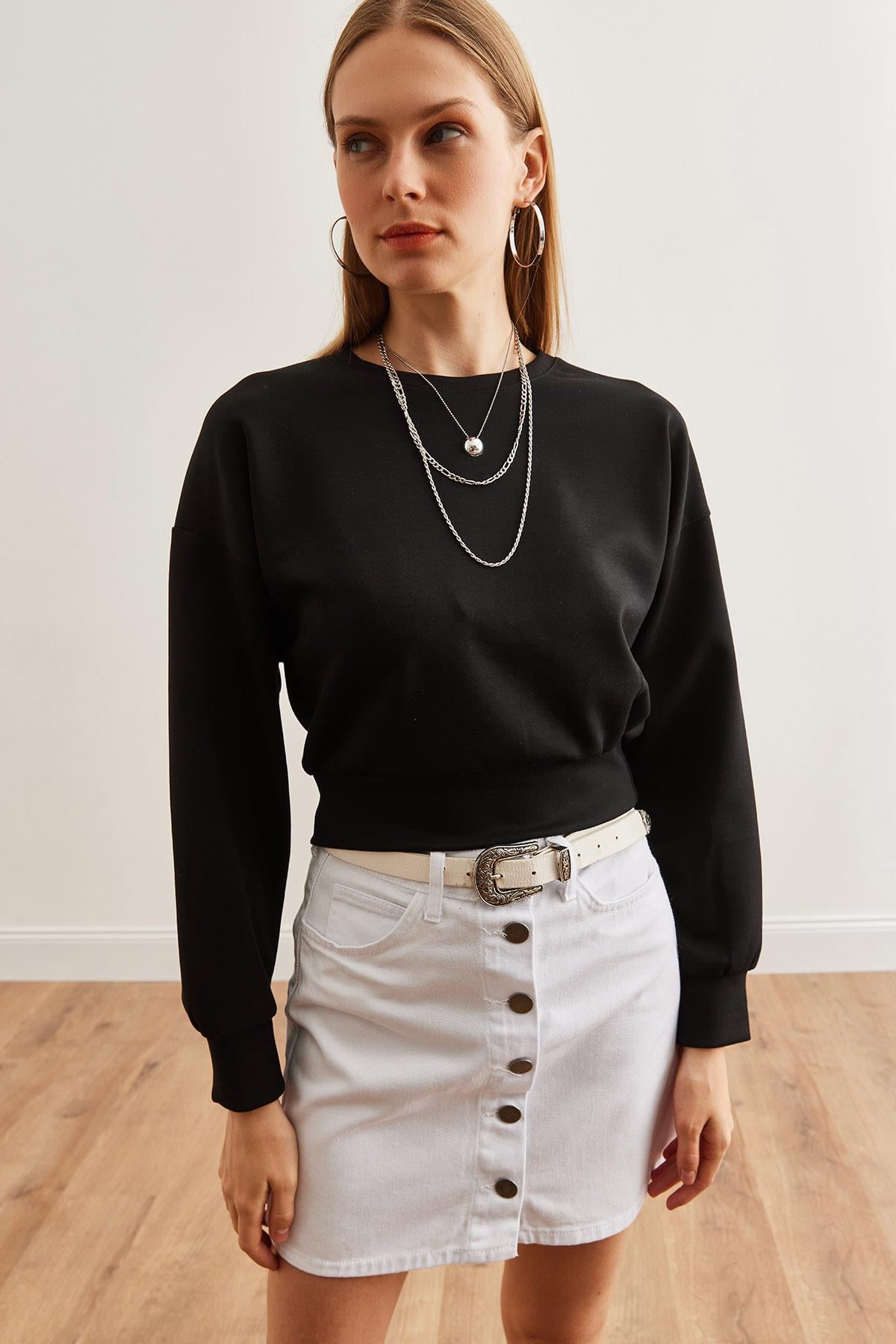 Modal Tuşeli Crop Sweatshirt Siyah