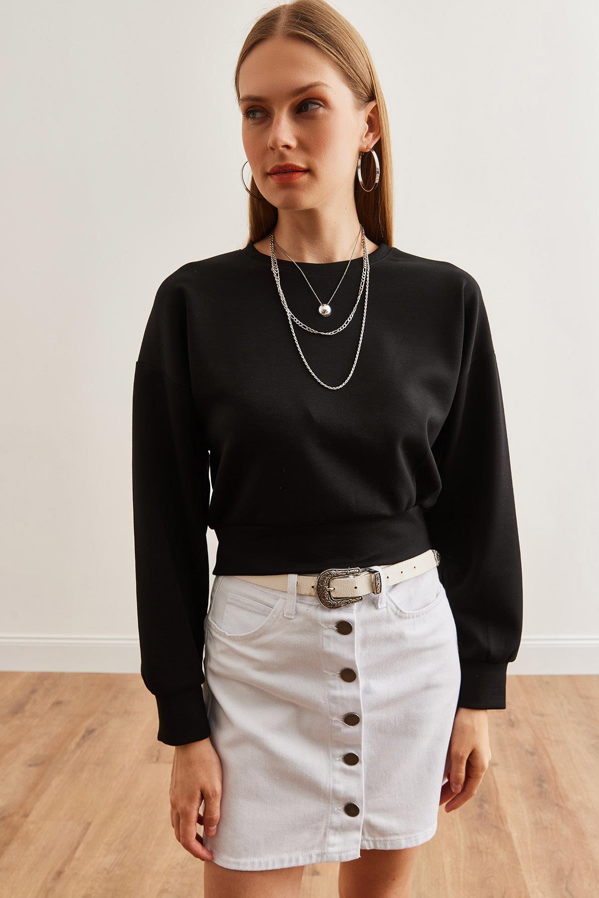 Modal Tuşeli Crop Sweatshirt Siyah