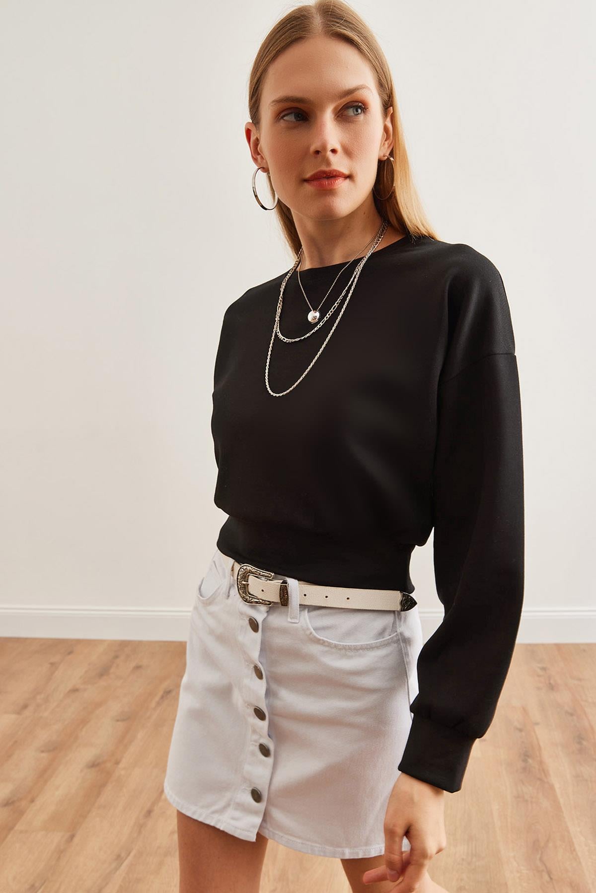 Modal Tuşeli Crop Sweatshirt Siyah