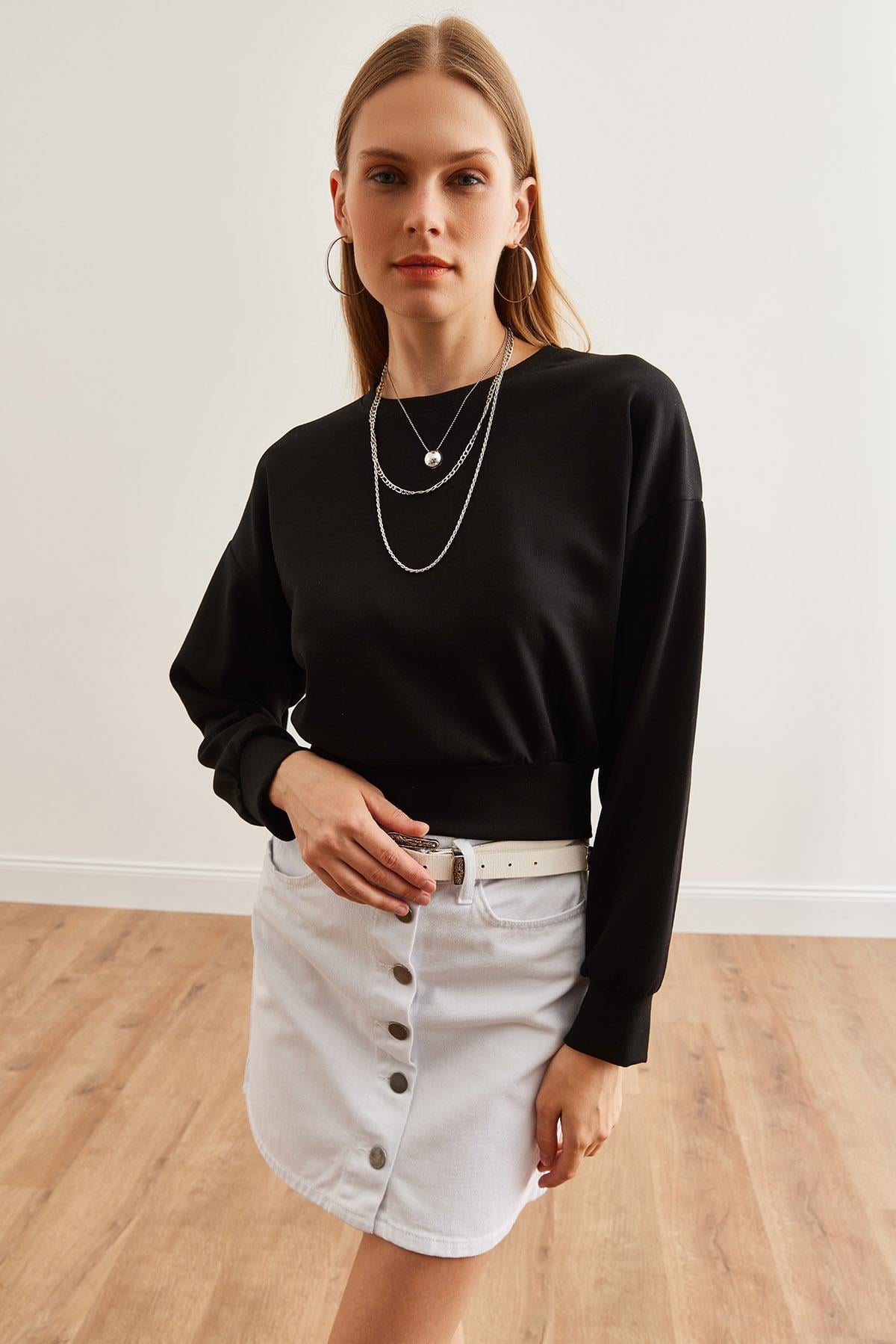 Modal Tuşeli Crop Sweatshirt Siyah