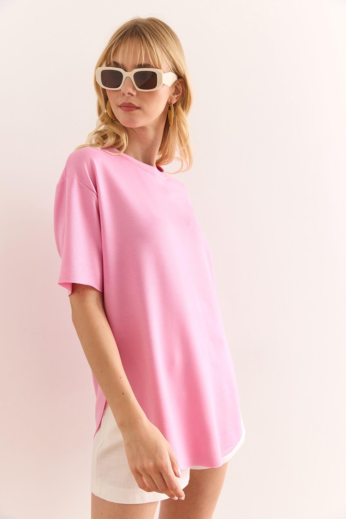 Modal Tuşeli Yumuşak Dokulu Altı Oval Tişört Açık Pembe