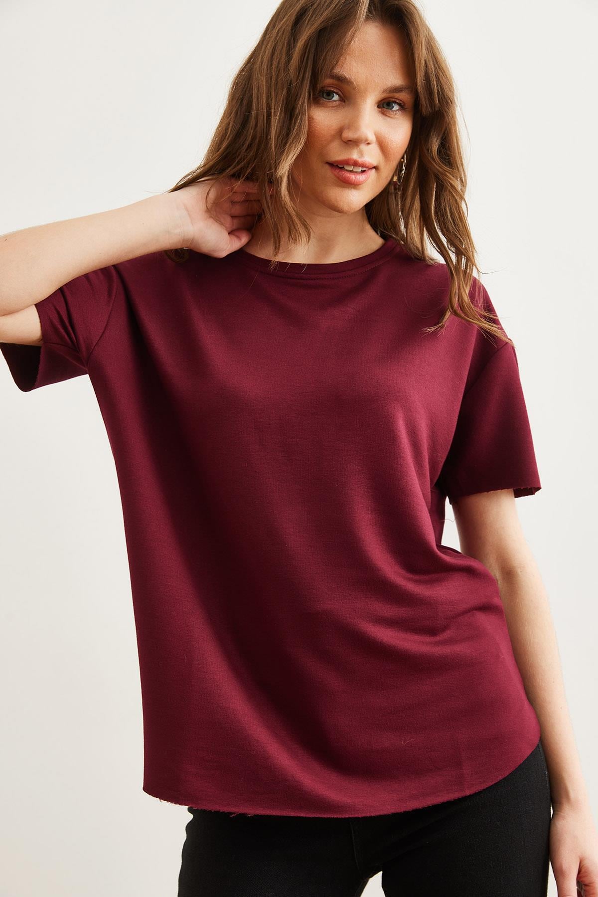 Modal Tuşeli Yumuşak Dokulu Altı Oval Tişört Bordo