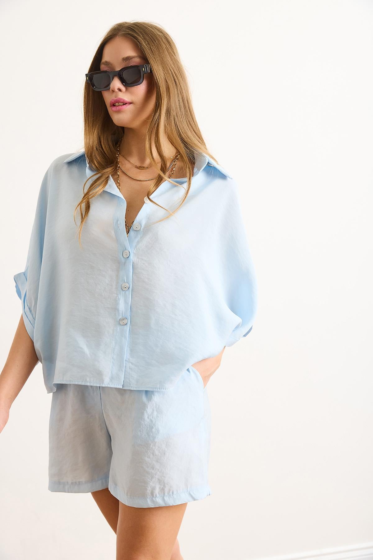 Modal Üst Gömlek Alt Kemerli Şort Takım Bebe Mavi