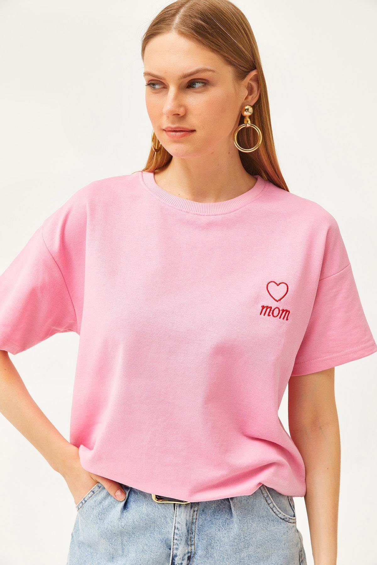 Mom Nakışlı 2 İplik Oversize Tişört Pembe