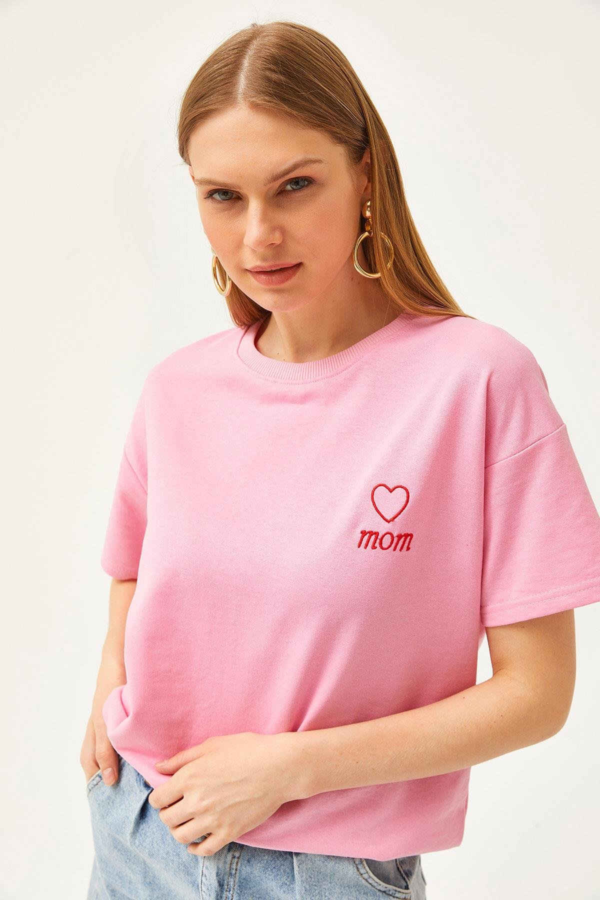 Mom Nakışlı 2 İplik Oversize Tişört Pembe