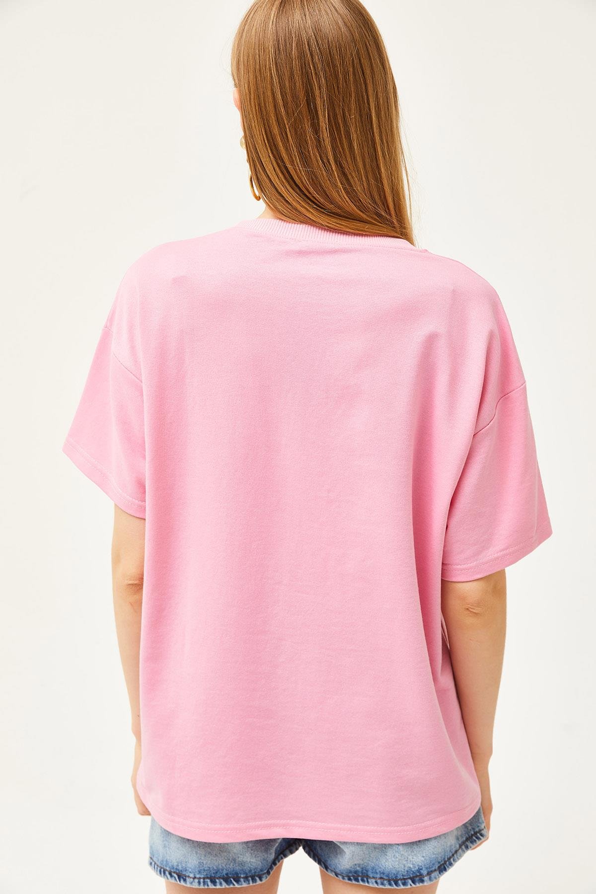 Mom Nakışlı 2 İplik Oversize Tişört Pembe