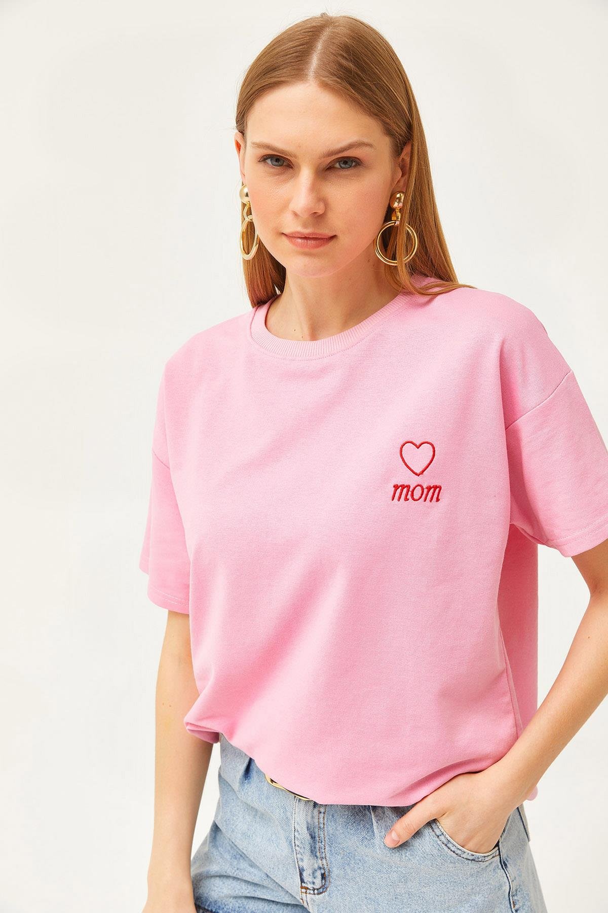 Mom Nakışlı 2 İplik Oversize Tişört Pembe
