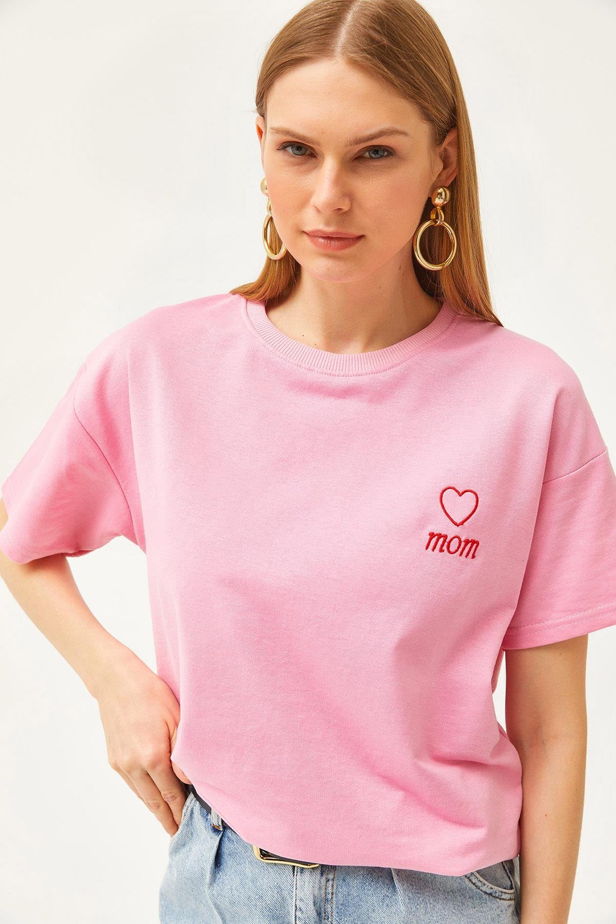 Mom Nakışlı 2 İplik Oversize Tişört Pembe