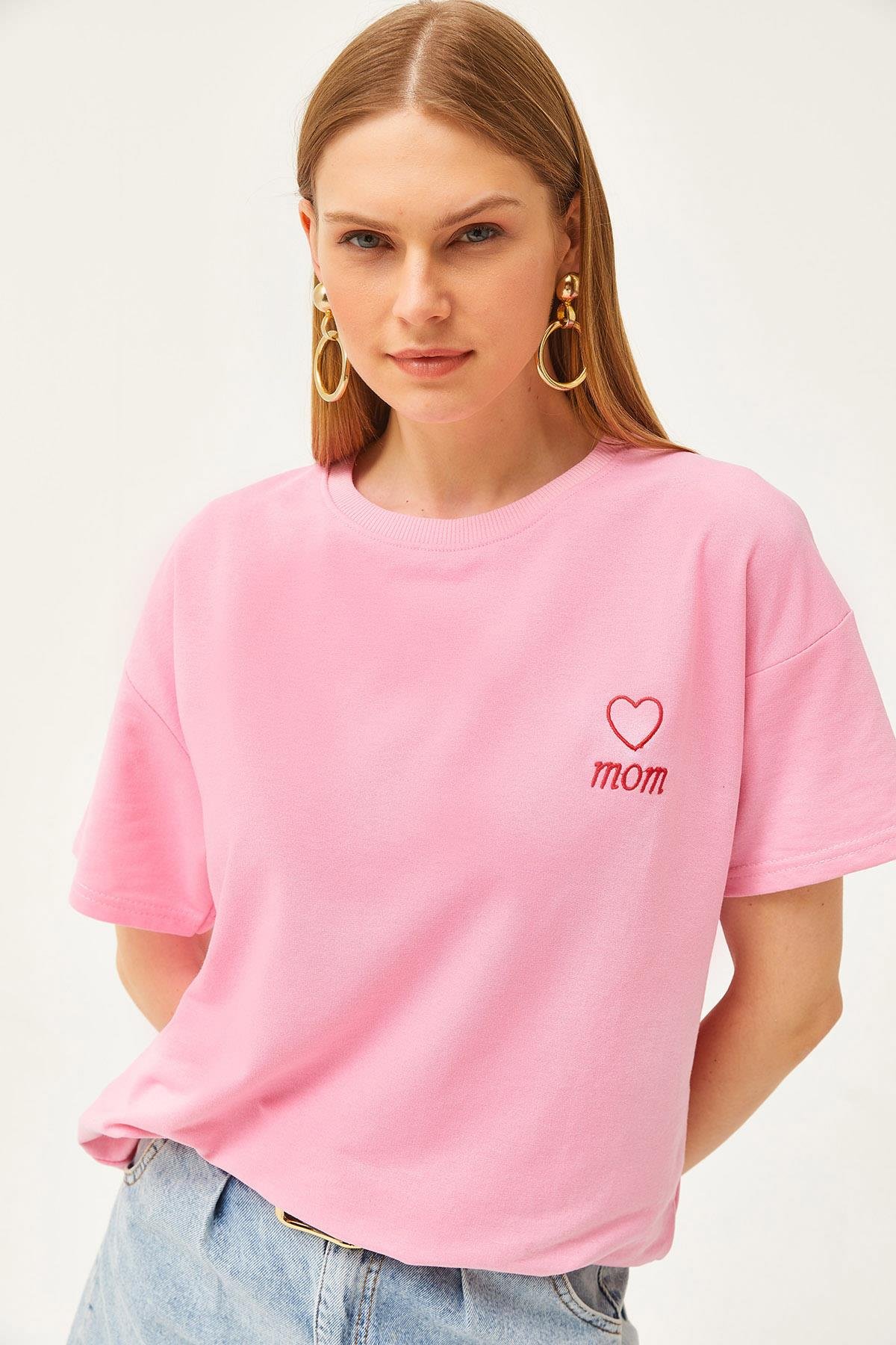 Mom Nakışlı 2 İplik Oversize Tişört Pembe