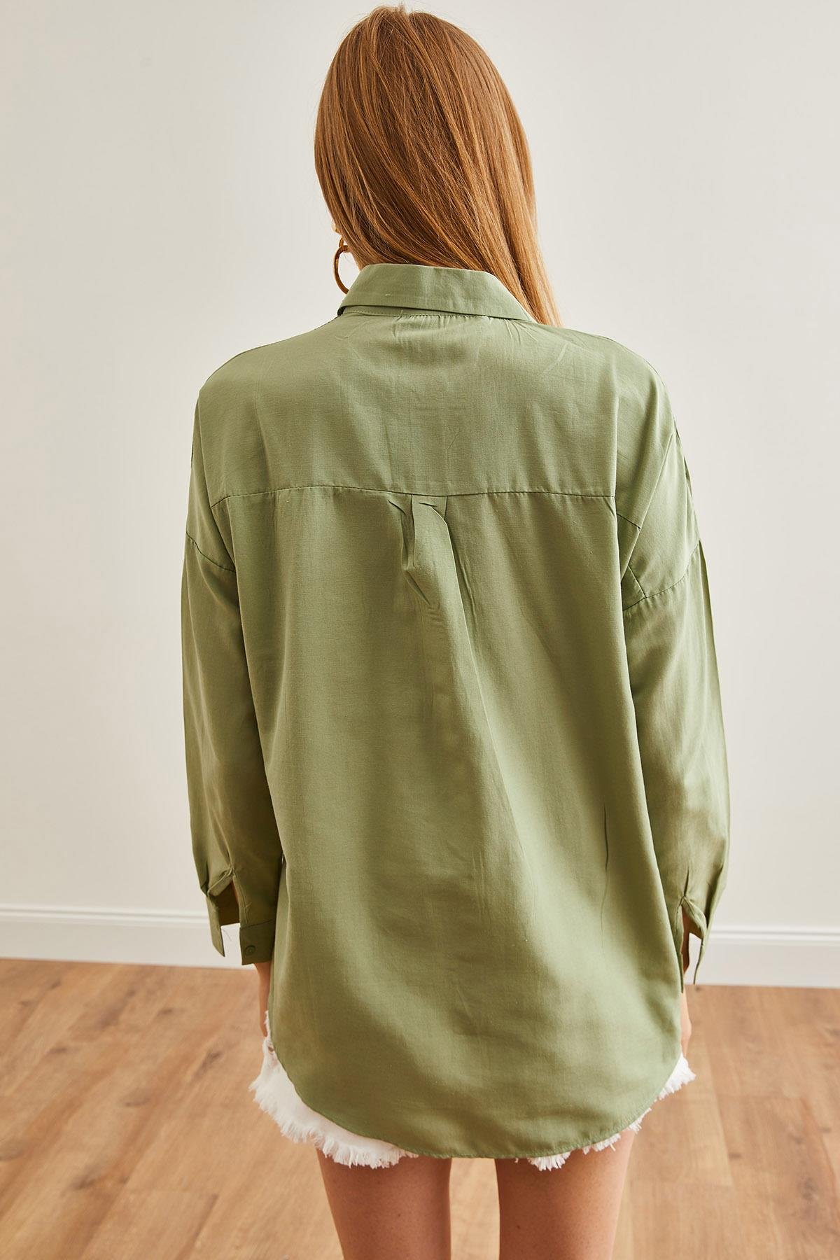 Nakış Detaylı Oversize Dokuma Gömlek Çiçek Küf Yeşili