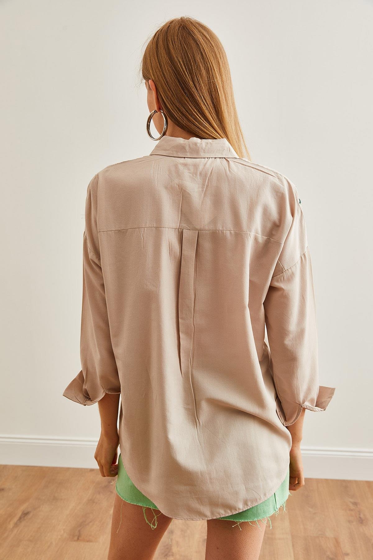 Nakış Detaylı Oversize Dokuma Gömlek Lilyum Taş