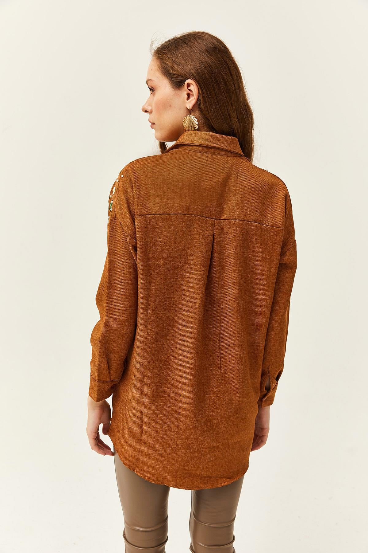 Nakışlı İncili Yün Efektli Oversize Kışlık Gömlek Taba