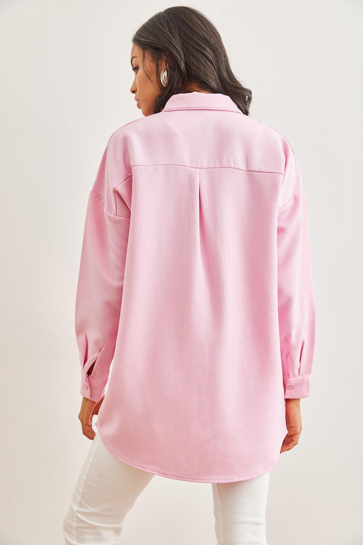Nakışlı İncili Yün Efektli Oversize Kışlık Gömlek Şeker Pembe