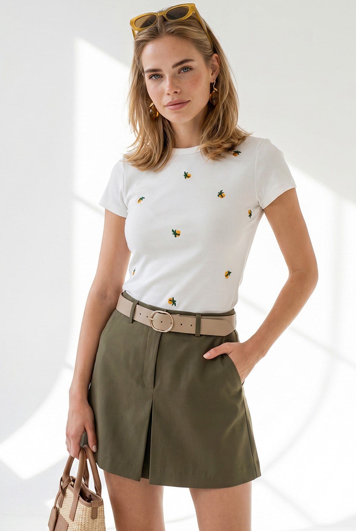 Nakışlı Pamuk Crop Kaşkorse Bluz Beyaz