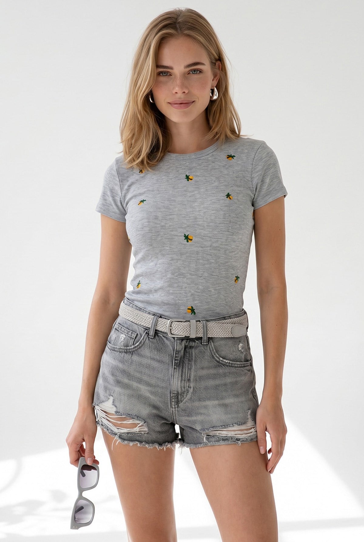 Nakışlı Pamuk Crop Kaşkorse Bluz Gri