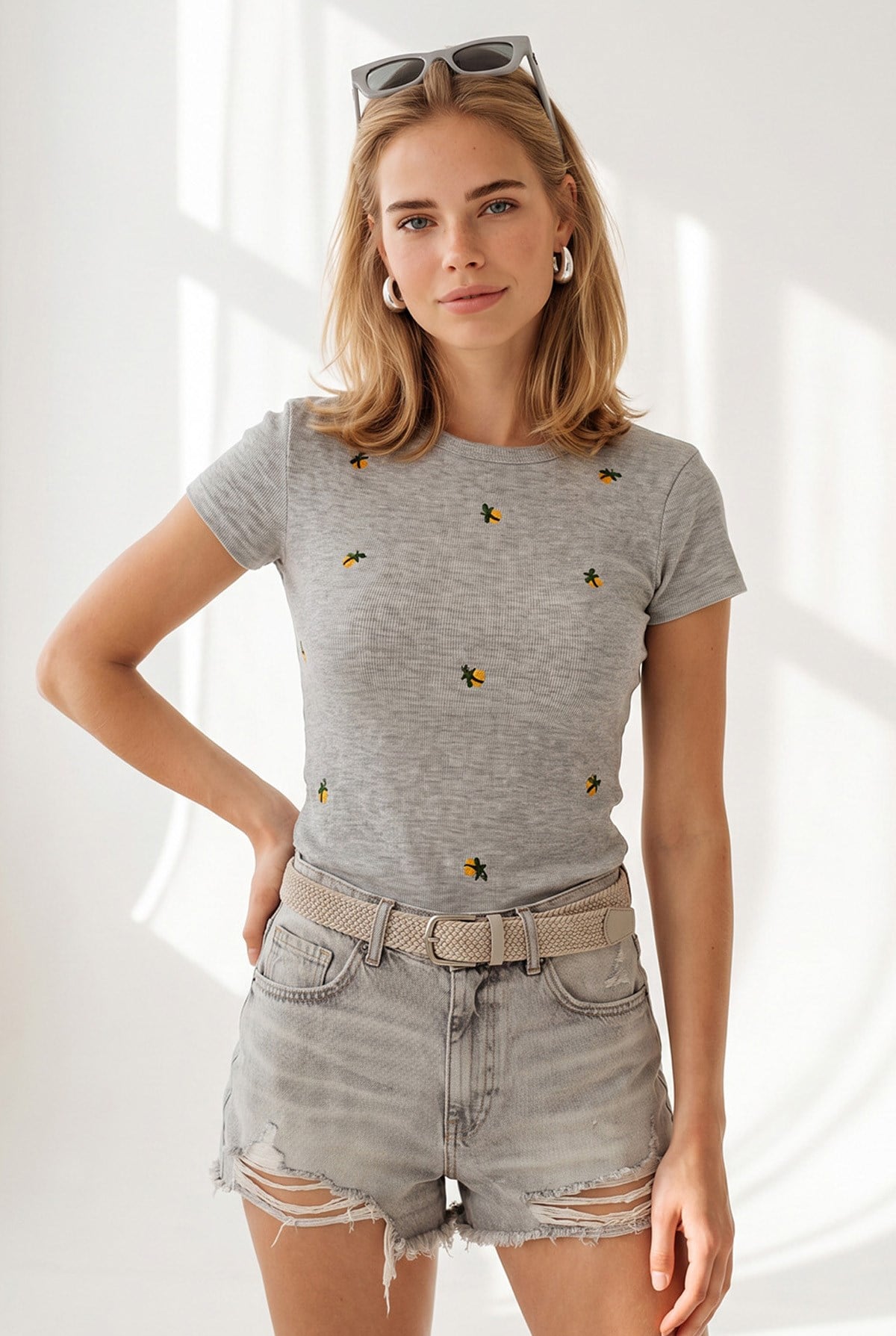 Nakışlı Pamuk Crop Kaşkorse Bluz Gri