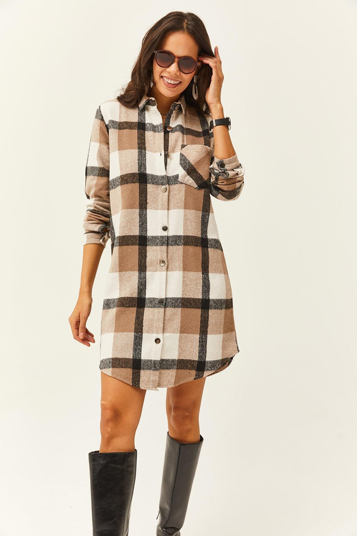 Oduncu Kalın Ekose Tunik Elbise Siyah Gri