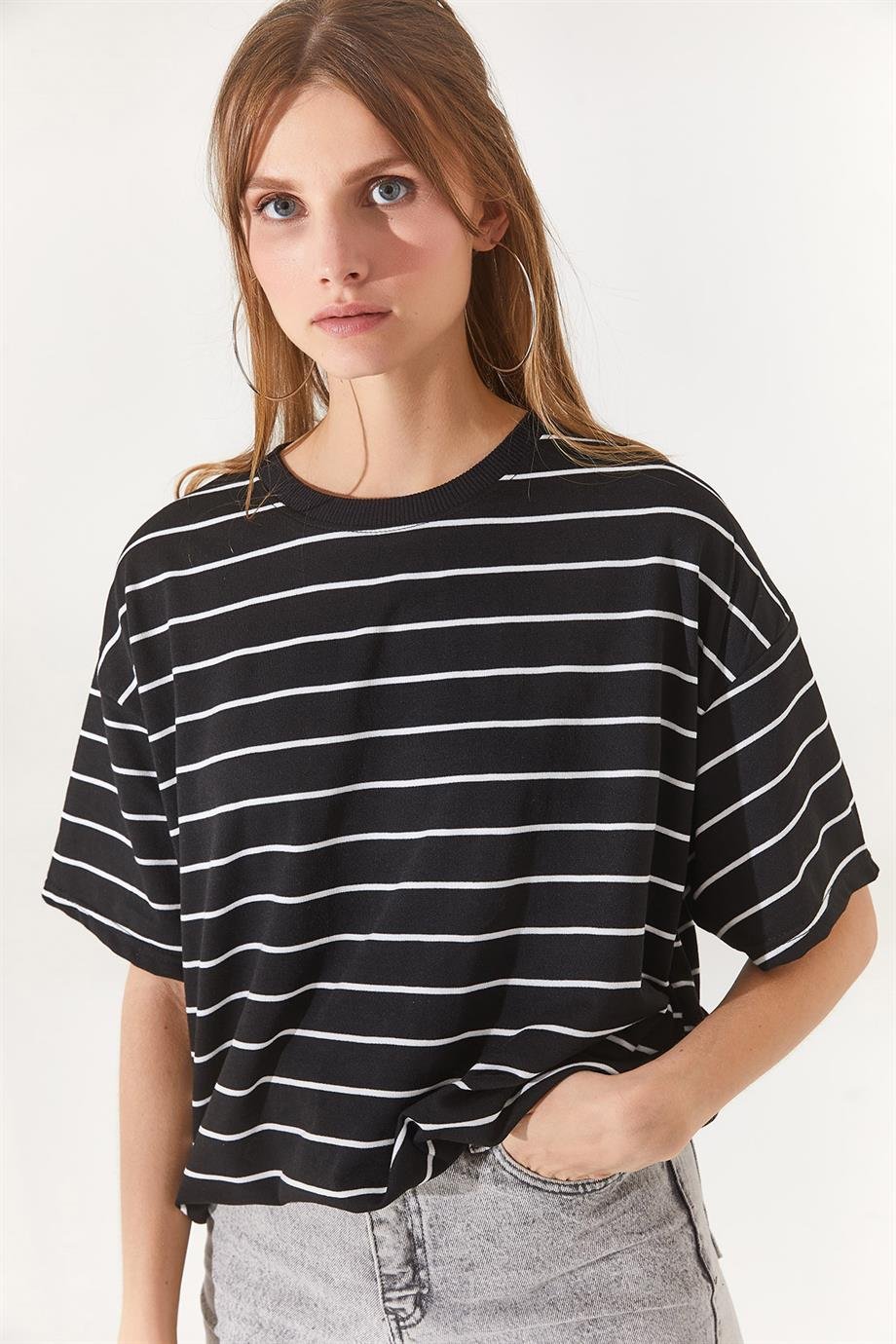 Ön Arka Baskılı 2 iplik Unisex Oversize Tişört Çizgili Siyah