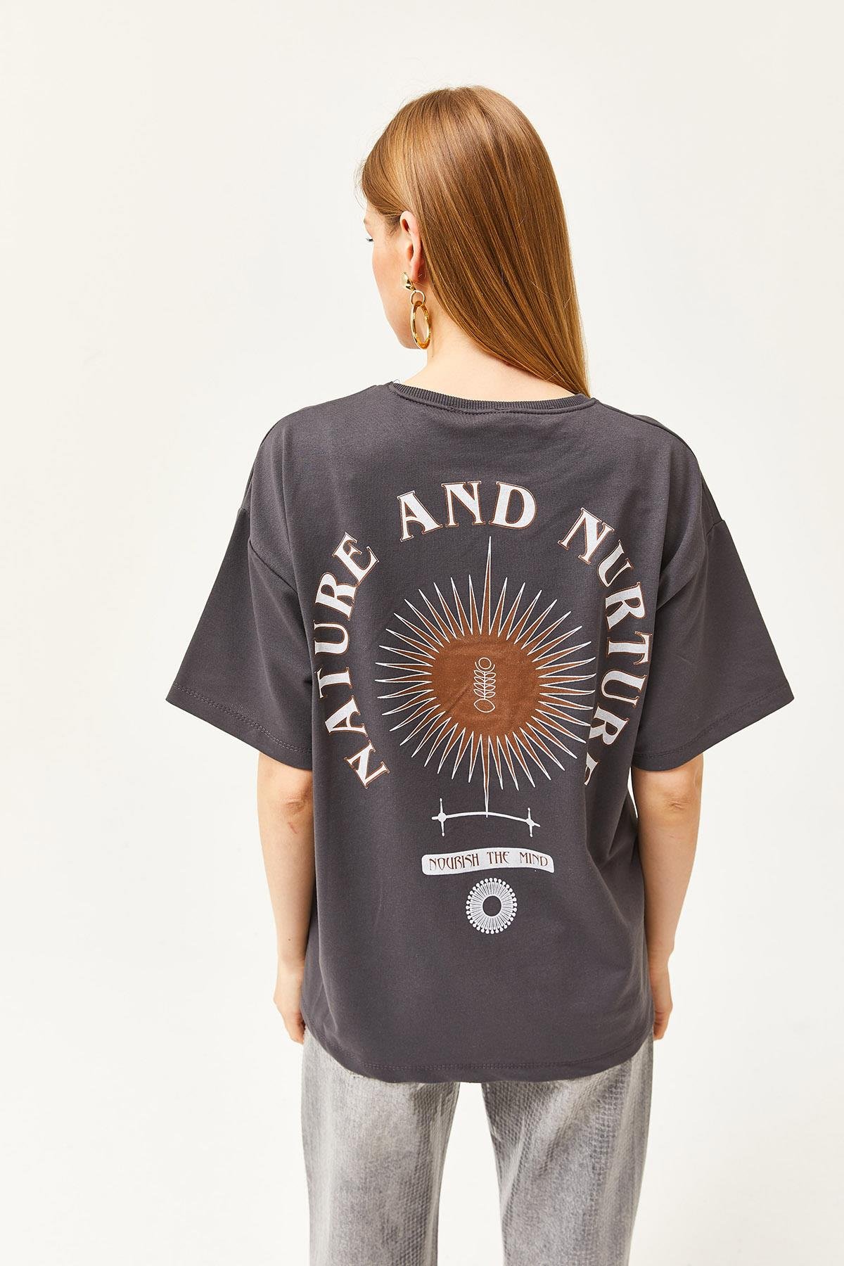 Ön Arka Baskılı 2 iplik Unisex Oversize Tişört Sembol Füme