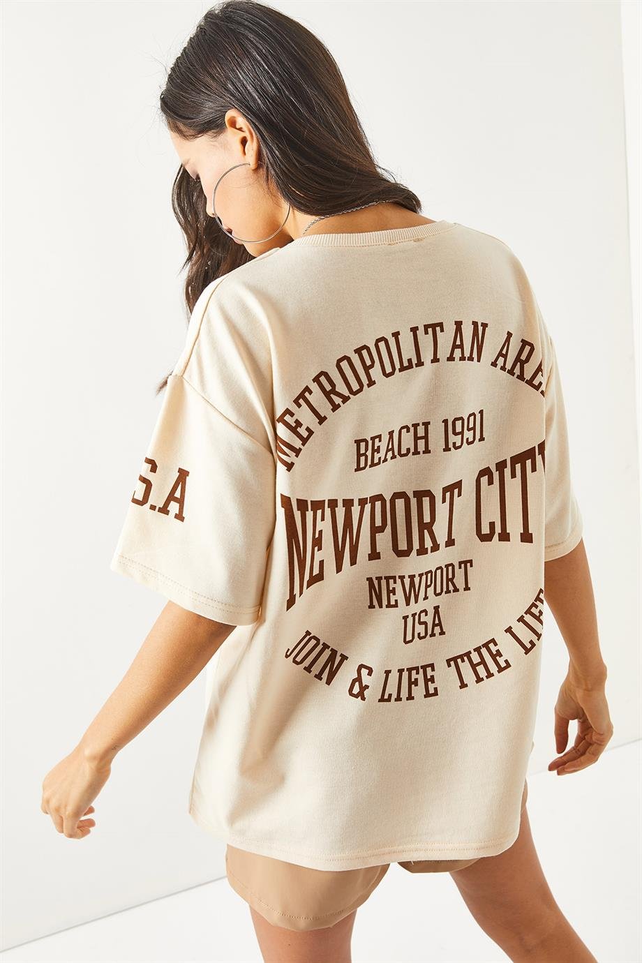 Ön Arka Baskılı 2 iplik Unisex Oversize Tişört Newport Bej