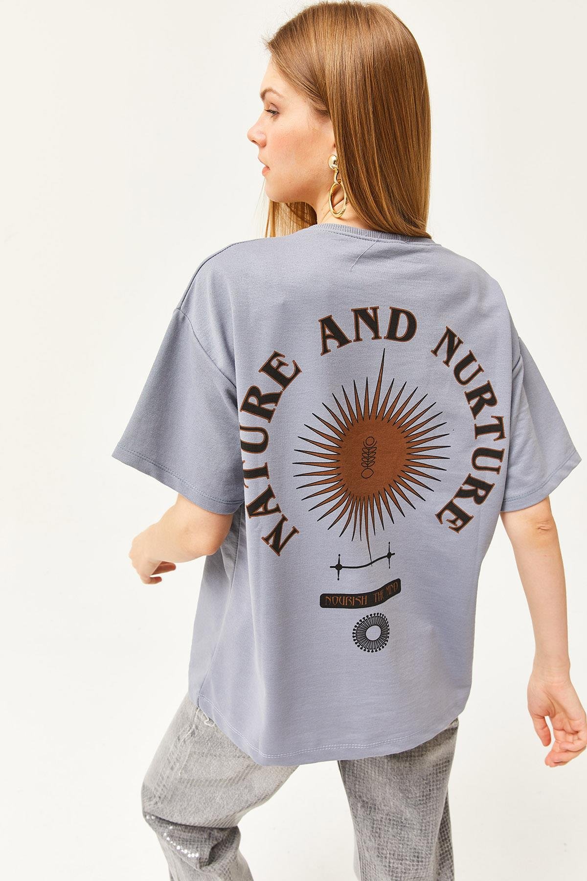 Ön Arka Baskılı 2 iplik Unisex Oversize Tişört Sembol Yunus Gri
