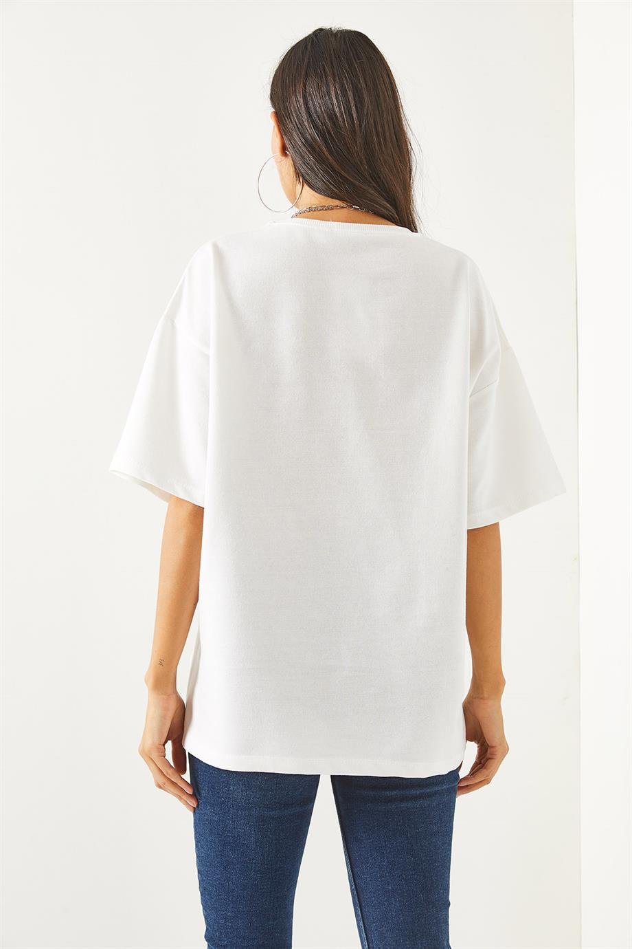 Ön Arka Baskılı 2 iplik Unisex Oversize Tişört Düz Beyaz