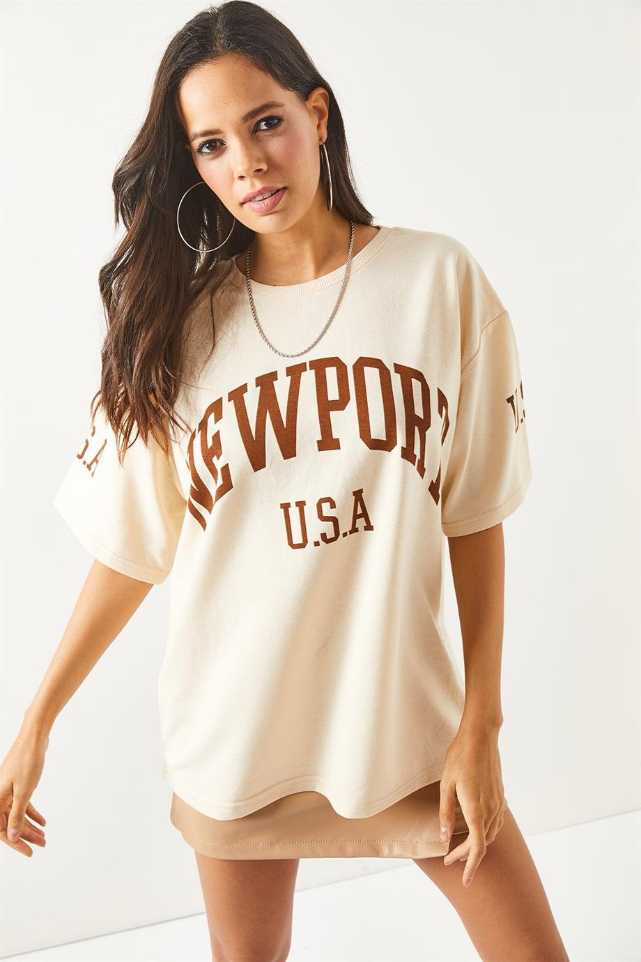 Ön Arka Baskılı 2 iplik Unisex Oversize Tişört Newport Bej